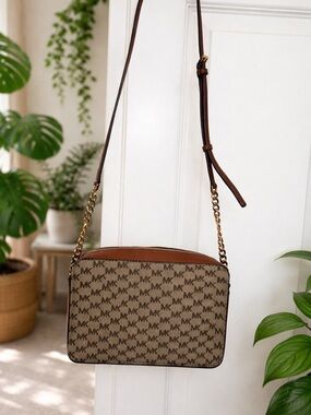 Michael Kors Brown MK Logo Crossbody with Gold Chain Strap